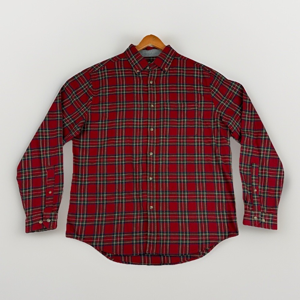 Eddie Bauer Flannel Shirt Men's L Red Green Plaid Long Sleeve 100% Cotton
